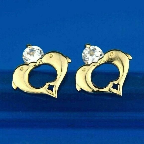 14k Solid Gold Double Dolphin Stud Screw Back Earrings with Sparkling Stone - Picture 2 of 3